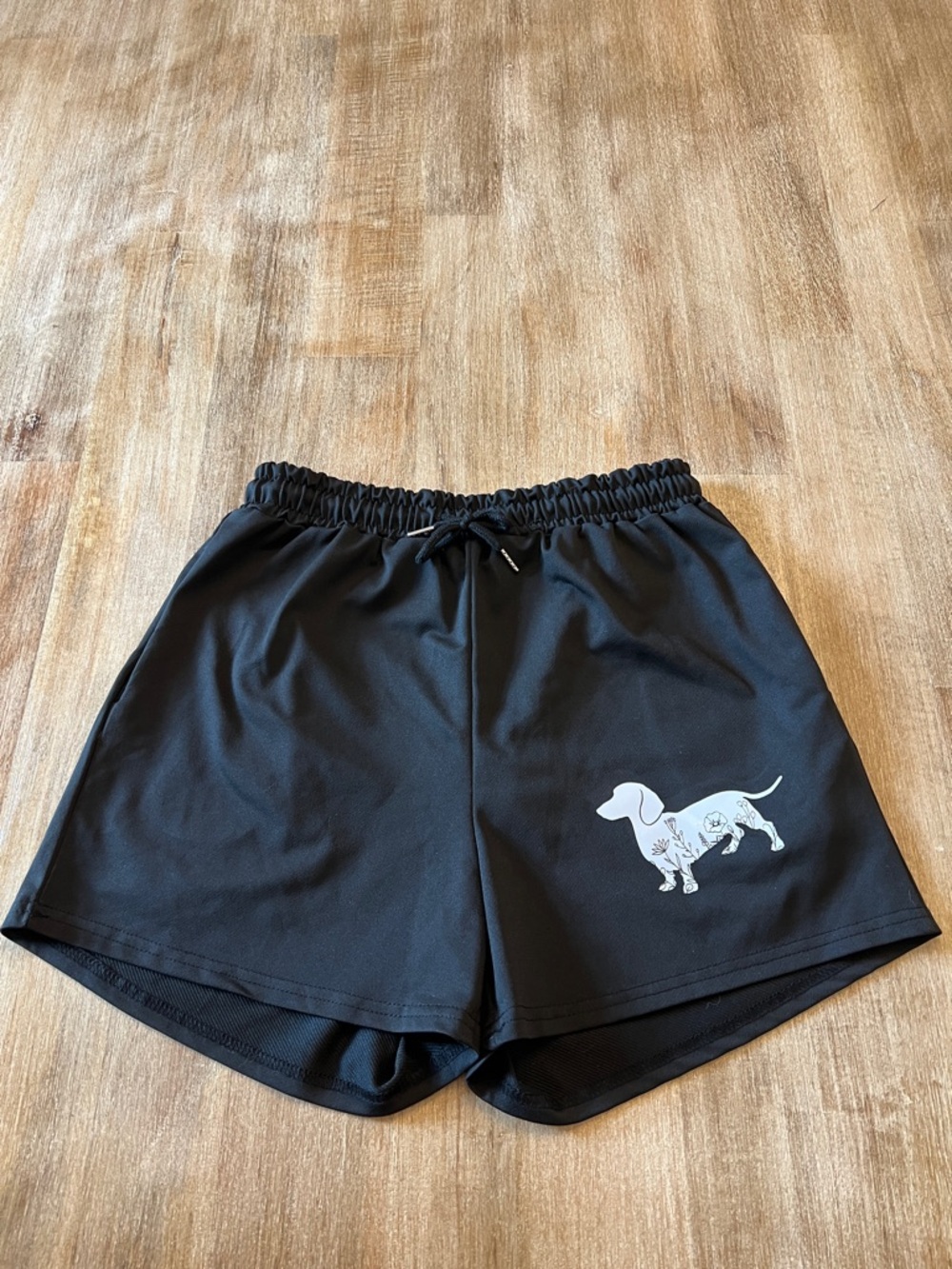 Black Athletic Shorts with White Dachshund Graphic Women's M
